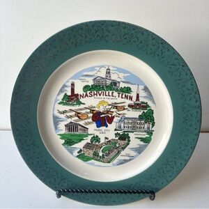 Vintage Nashville Tennessee Souvenir Plate - Music City USA - Green Gold Rim 9"